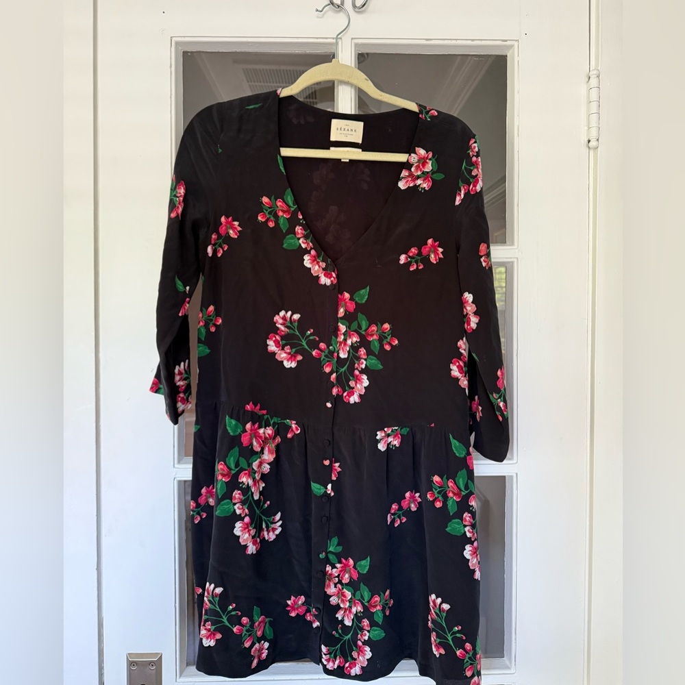 Sezane 100% Silk Penny Floral Mini Dress Black